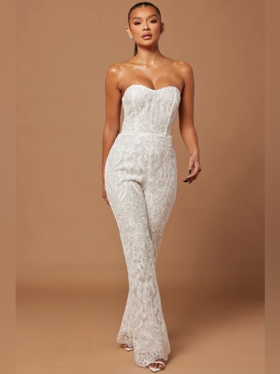 Fashion Nova Luxe Esther Sequin Embroidered Flare Leg Jumpsuit in White